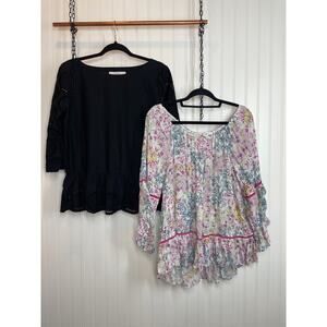 LOFT Black Ruffled Peasant Blouse & FEVER Floral Bell Sleeve Top Bundle Size L